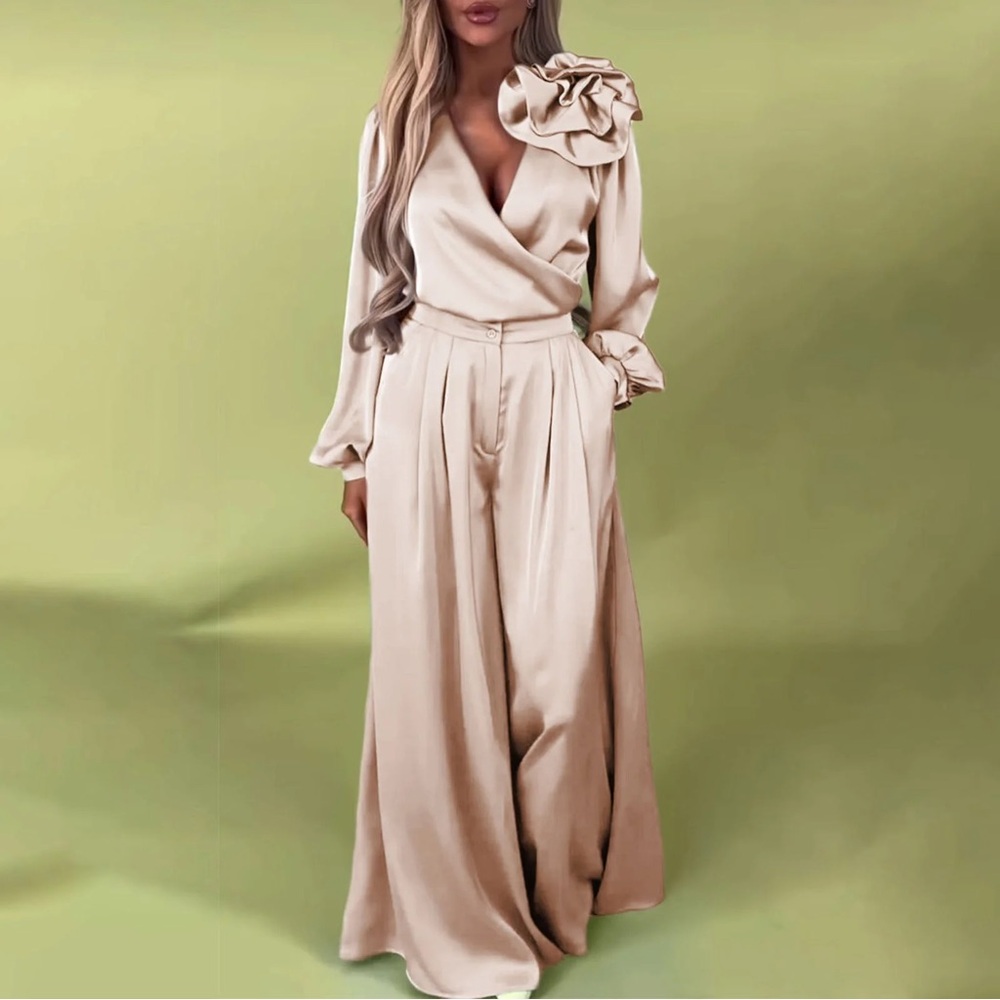 Cream Wide-Leg Jumpsuit with Floral Shoulder Detail NWOT